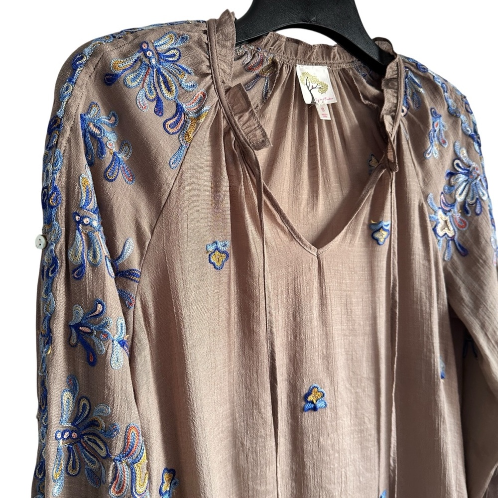 Anthropologie Embroidered Taupe Blouse with Blue & Yellow Accents
